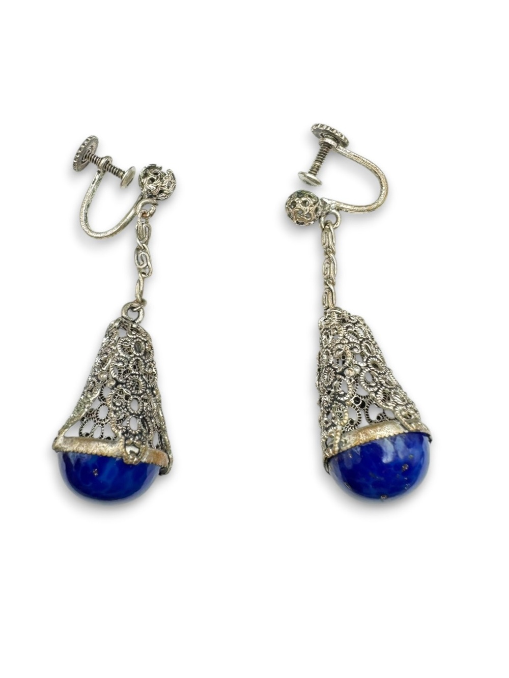 Vintage Art Deco Blue Lapis Cabochon & Filigree Screw Back Earrings